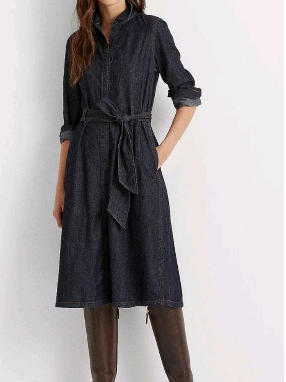 Lauren Ralph Lauren Denim Shirt Dress Size 14 Blue Midi Long Sleeve Button Up